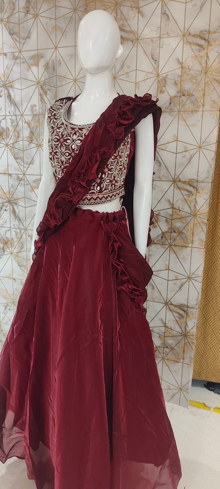 Tissue silk lehenga with attached drape