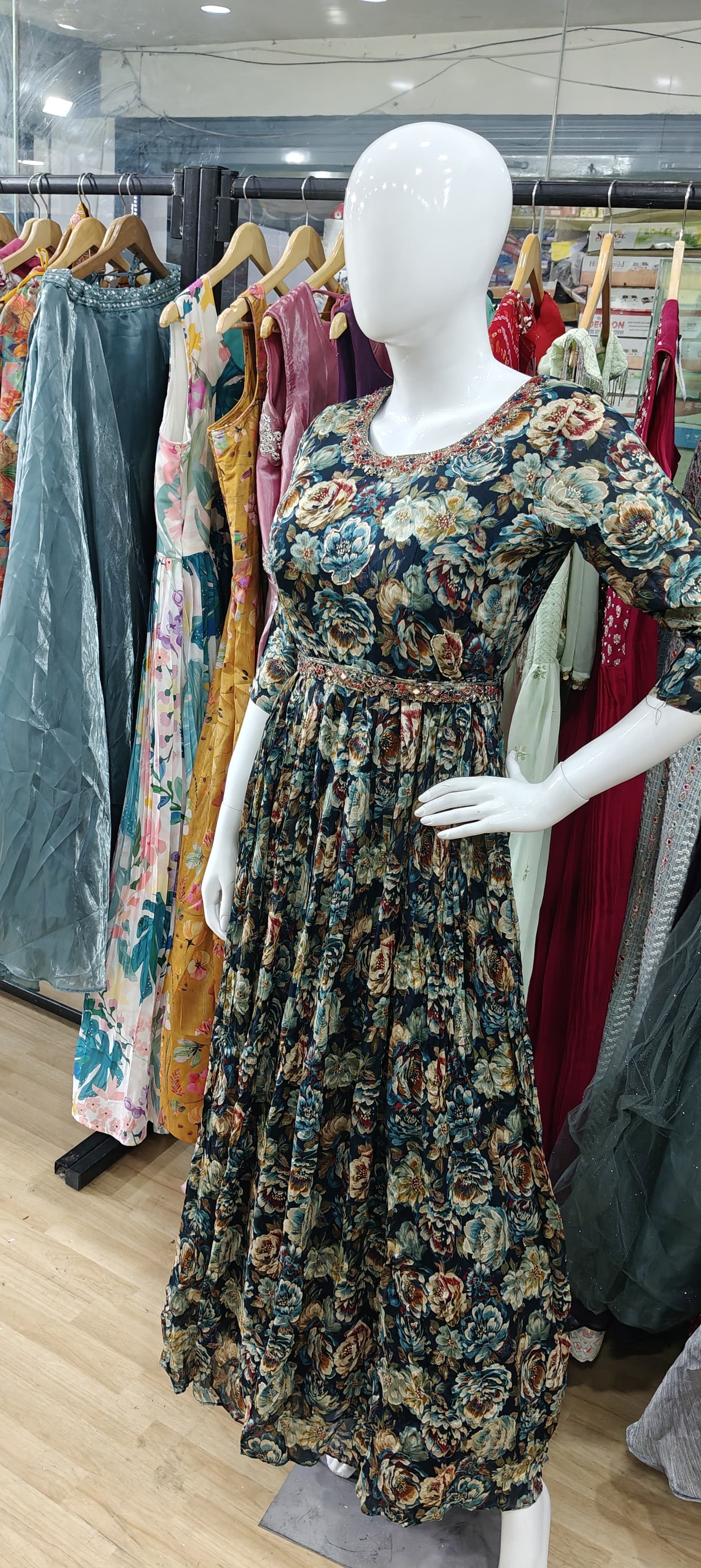 Blue floral long gown with embroidered belt