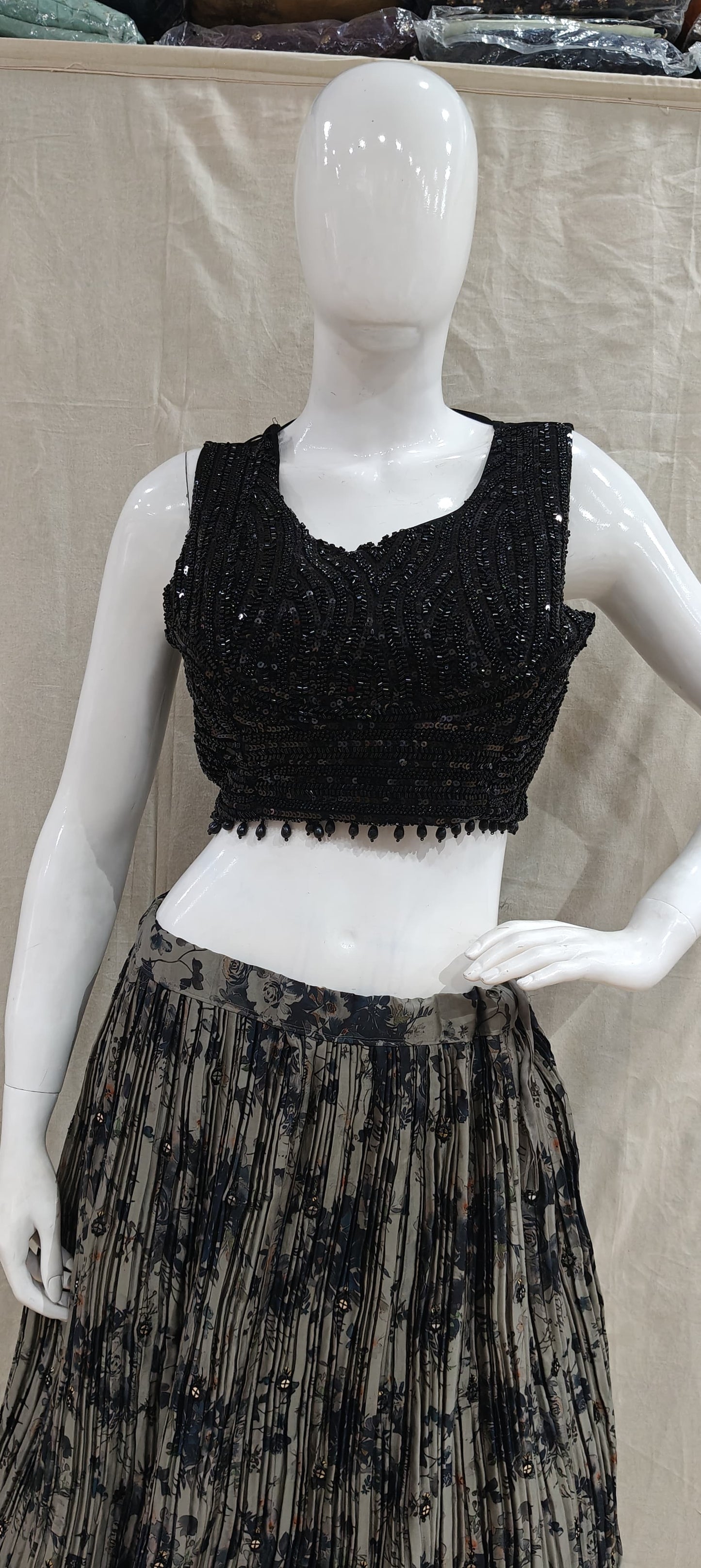 Black and grey lehenga with heavy beadwork blouse
