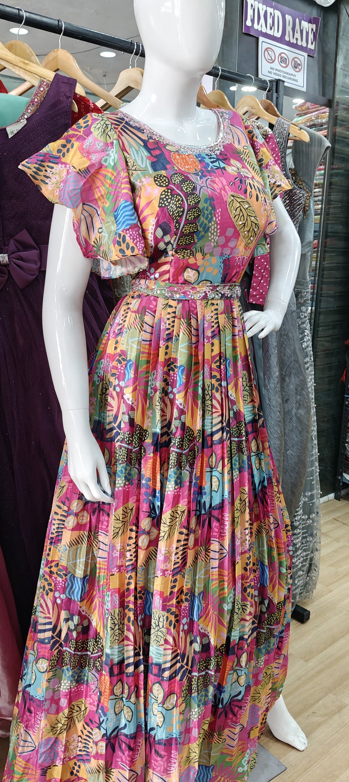 Printed gown with ruffle sleeves and belt