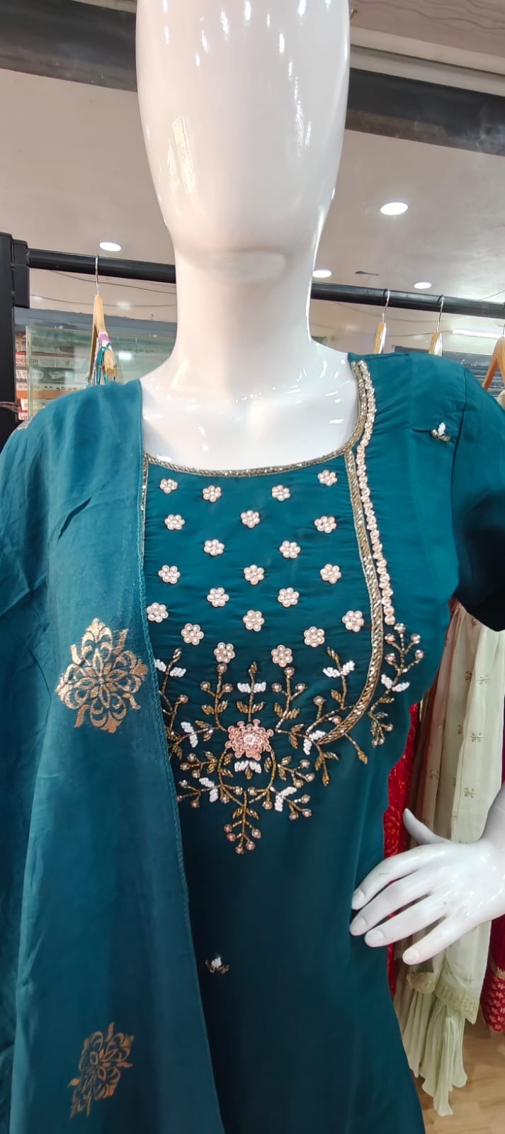 Blue green suit with Banarasi dupatta