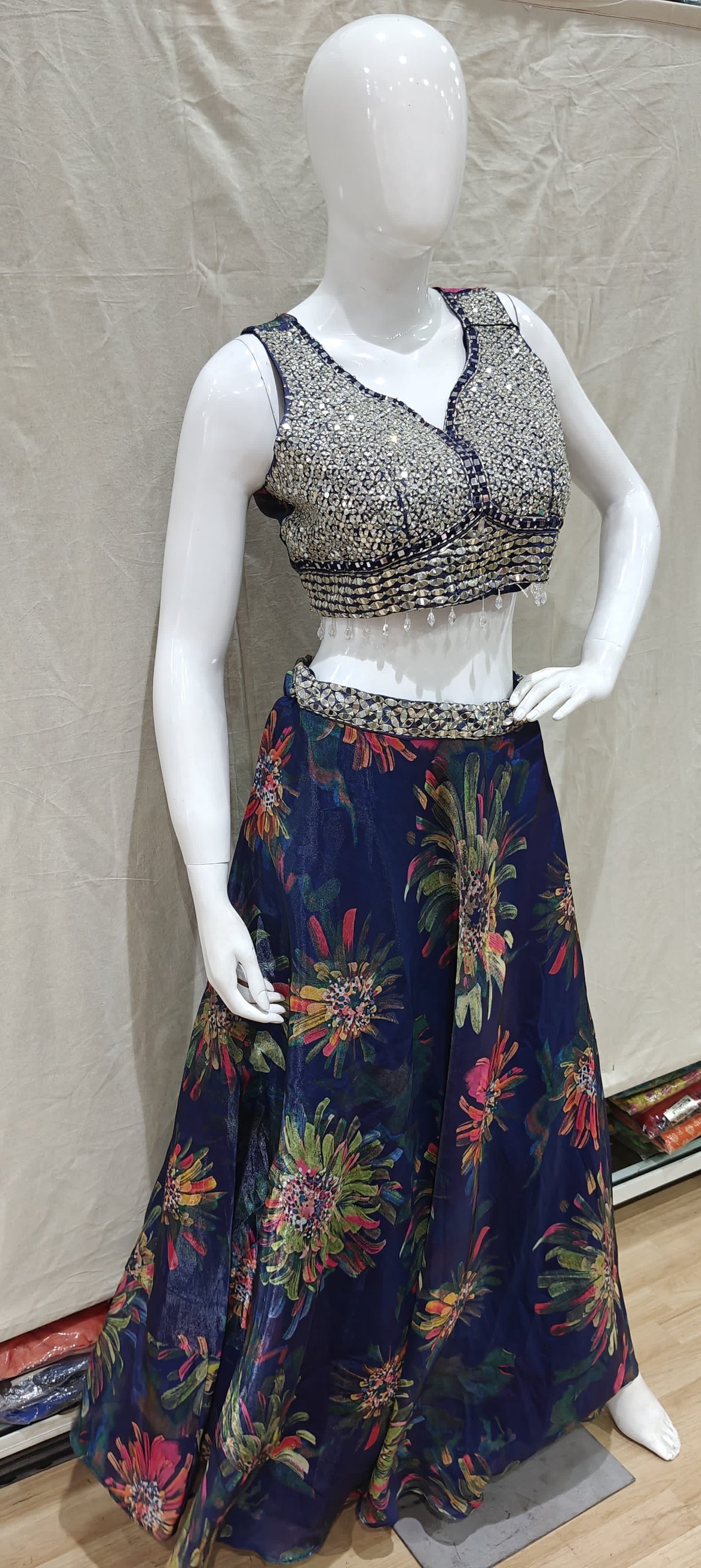 Floral blue lehenga, mirror work blouse