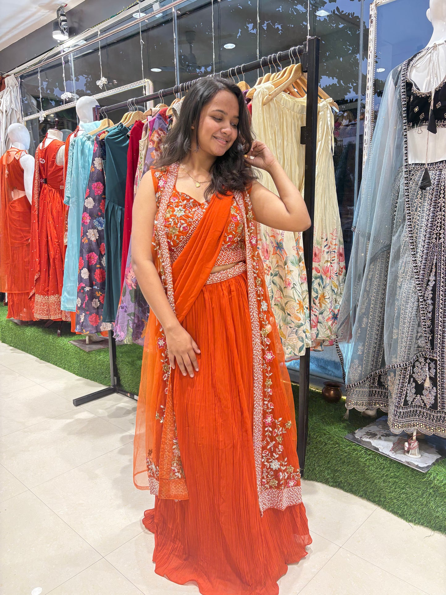 Orange saree drape lehenga with long jacket