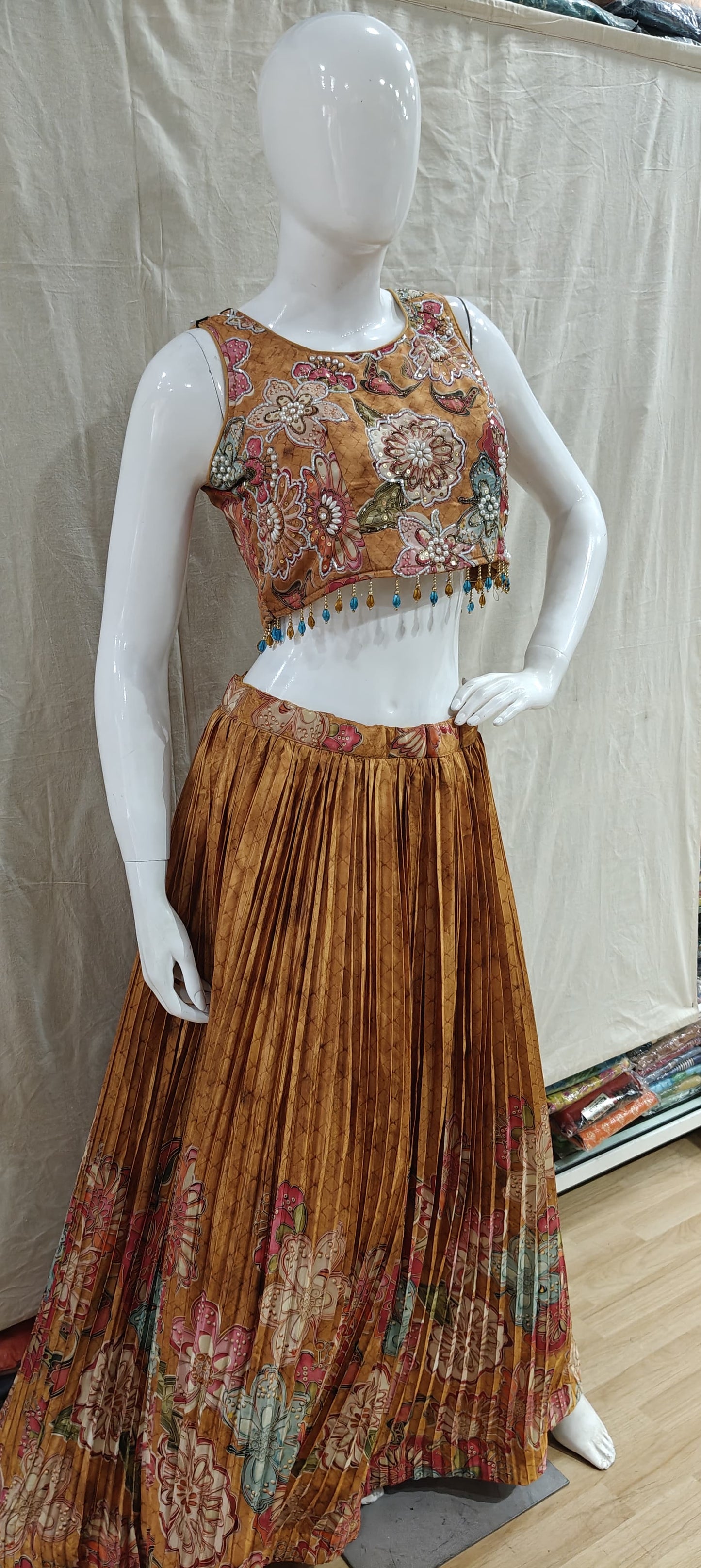 Yellow floral pleated lehenga