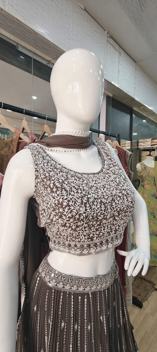 Georgette crush lehenga - chocolate brown