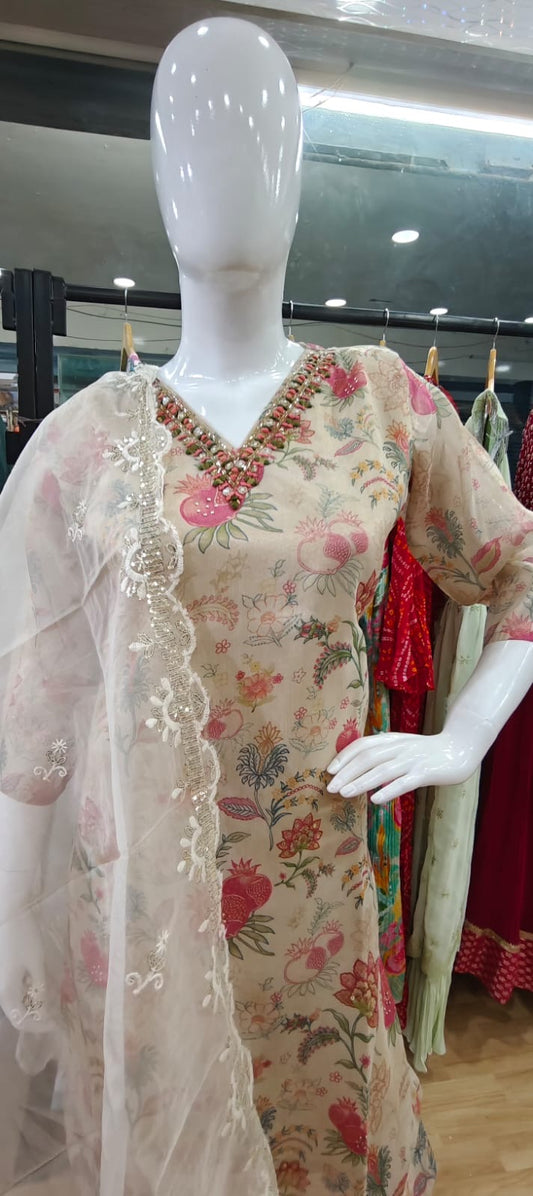 Cream floral tissue suit