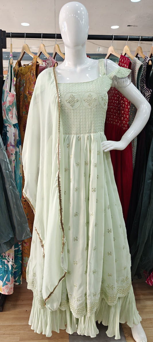 Pista Green georgette cold shoulder gown
