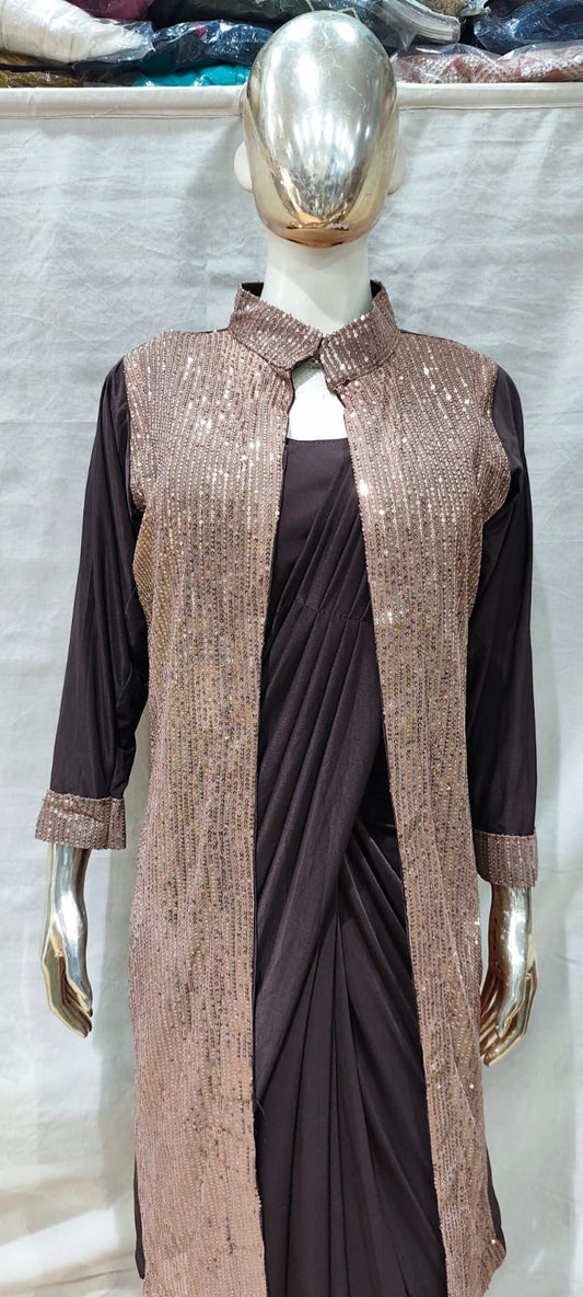 Brown with Rose gold sequins jacket one min saree
