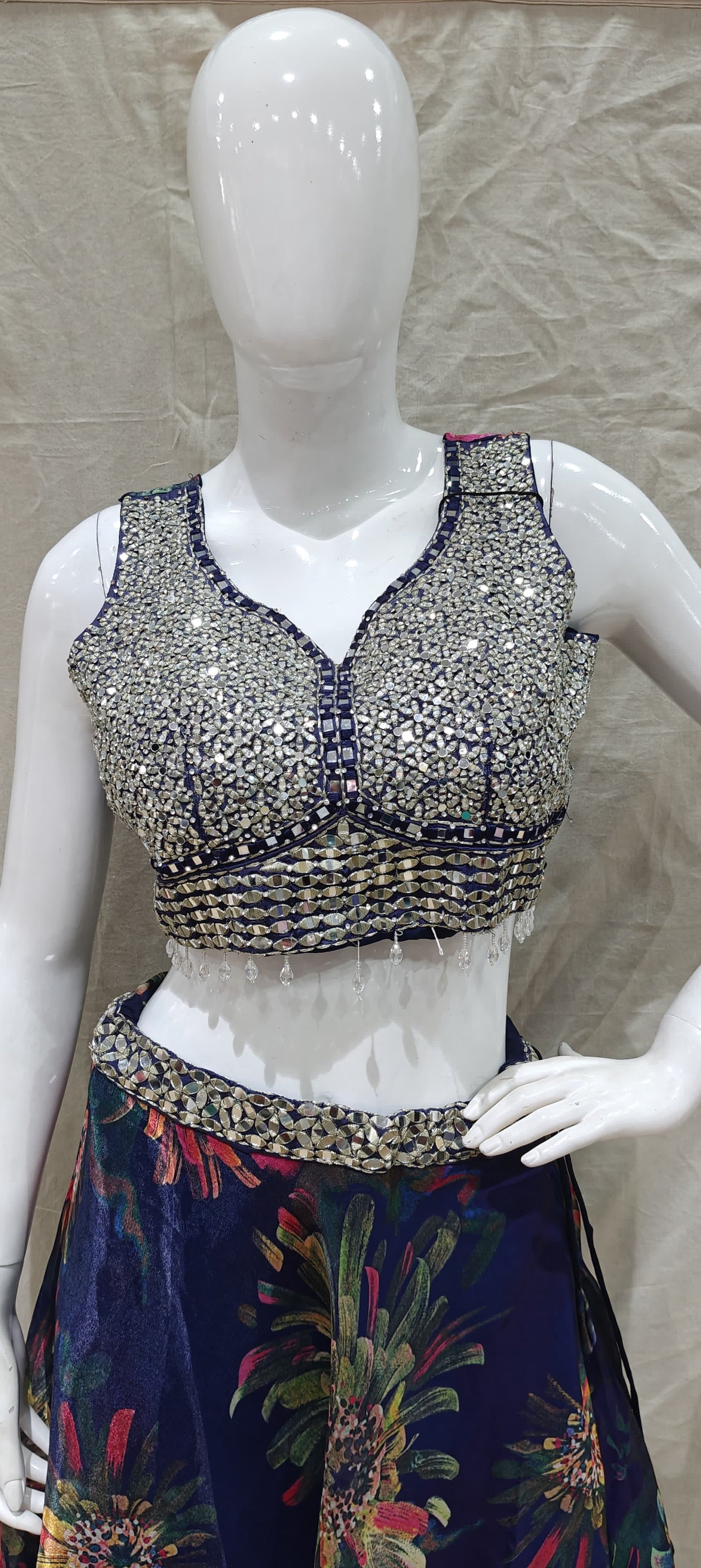 Floral blue lehenga, mirror work blouse