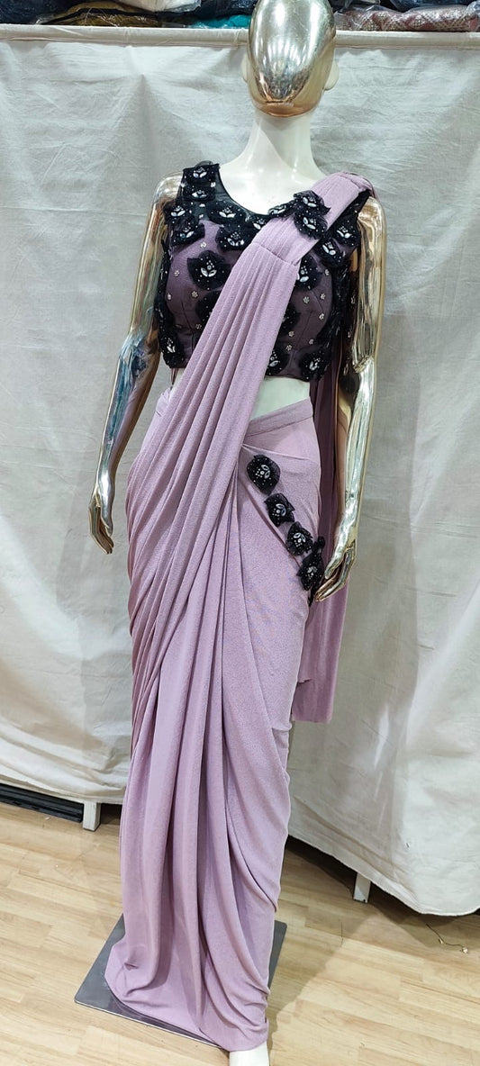Pink with floral black blouse one min saree