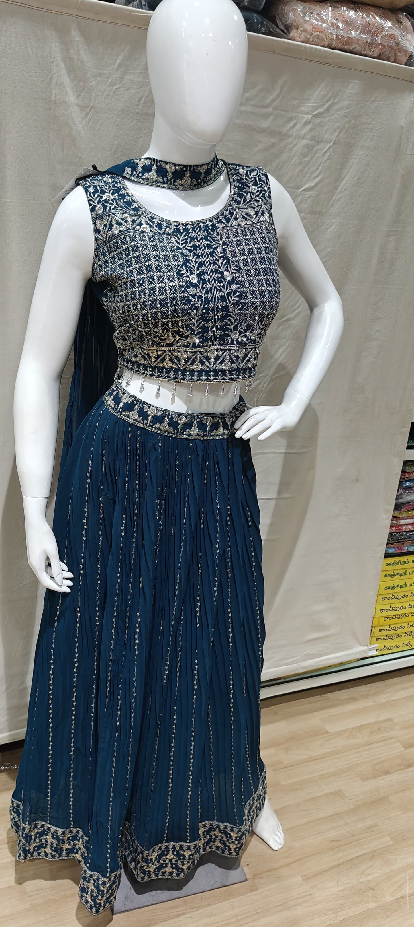 Silver zari work on Blue lehenga