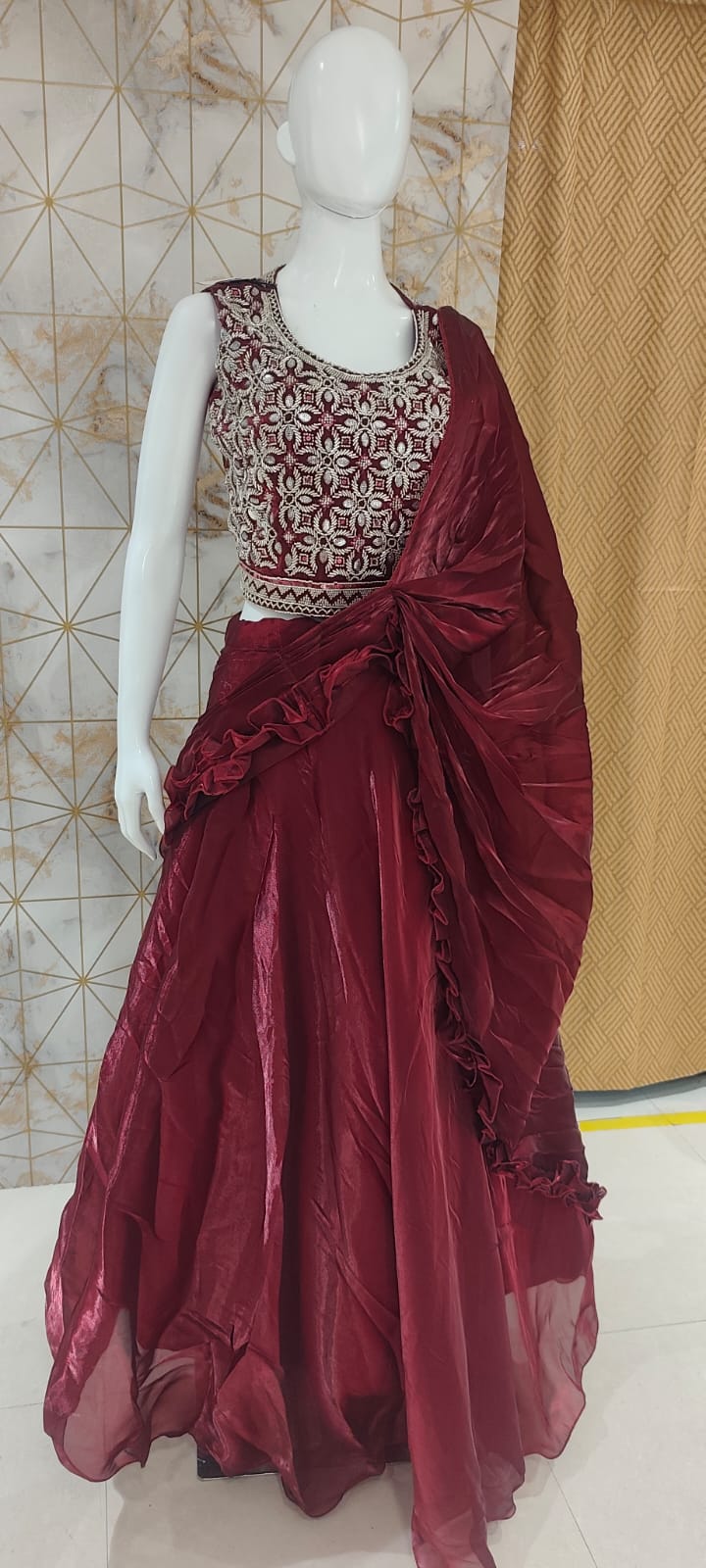 Tissue silk lehenga with attached drape