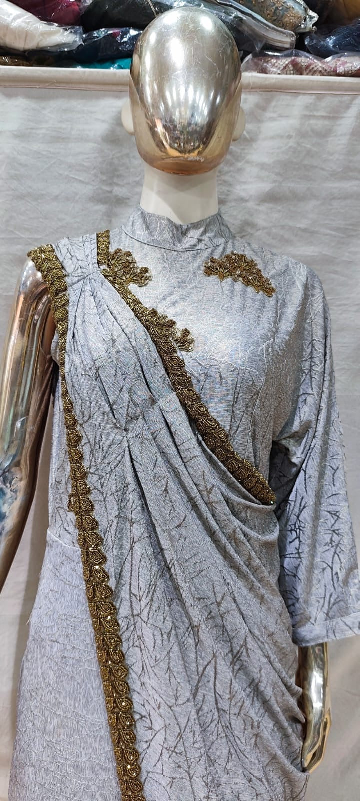 Grey and gold saree drape style Gown