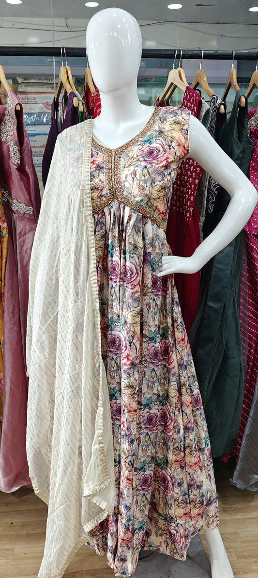 Cream floral alia cut long dress