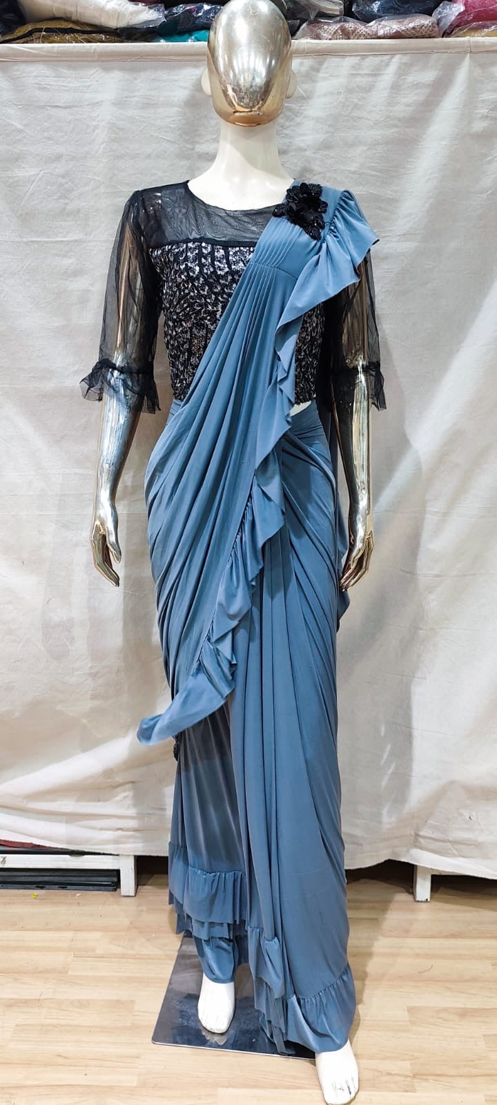 Pastel blue with designer black blouse one min saree