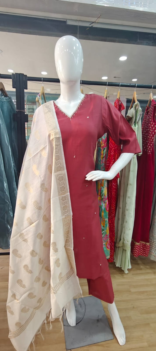 Royal Cotton mul red suit with banarasi dupatta