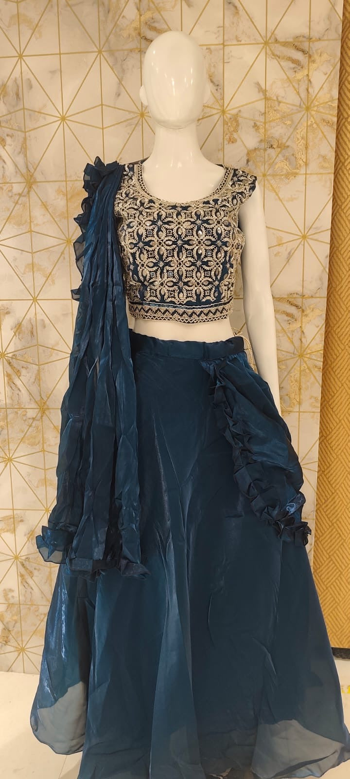 Tissue silk lehenga with attached drape