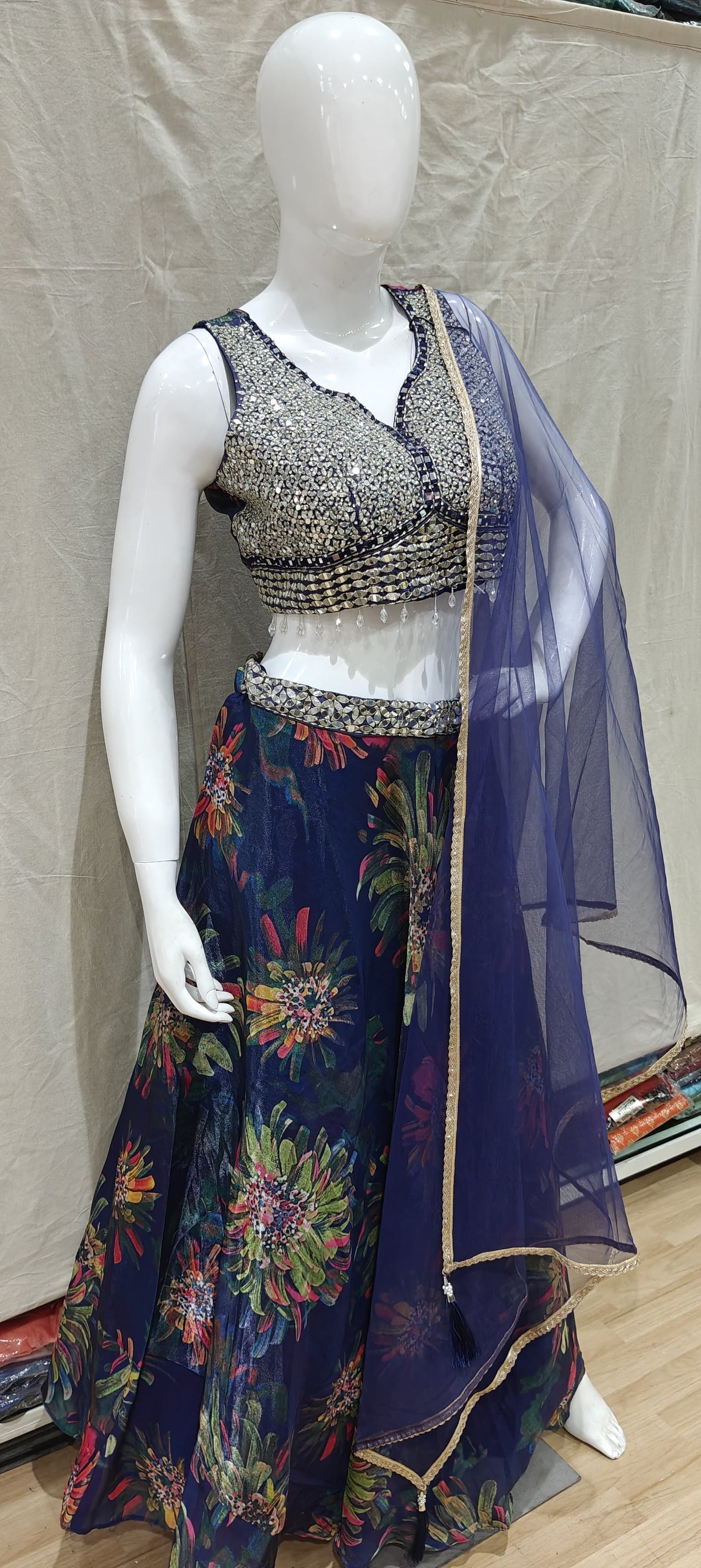 Floral blue lehenga, mirror work blouse