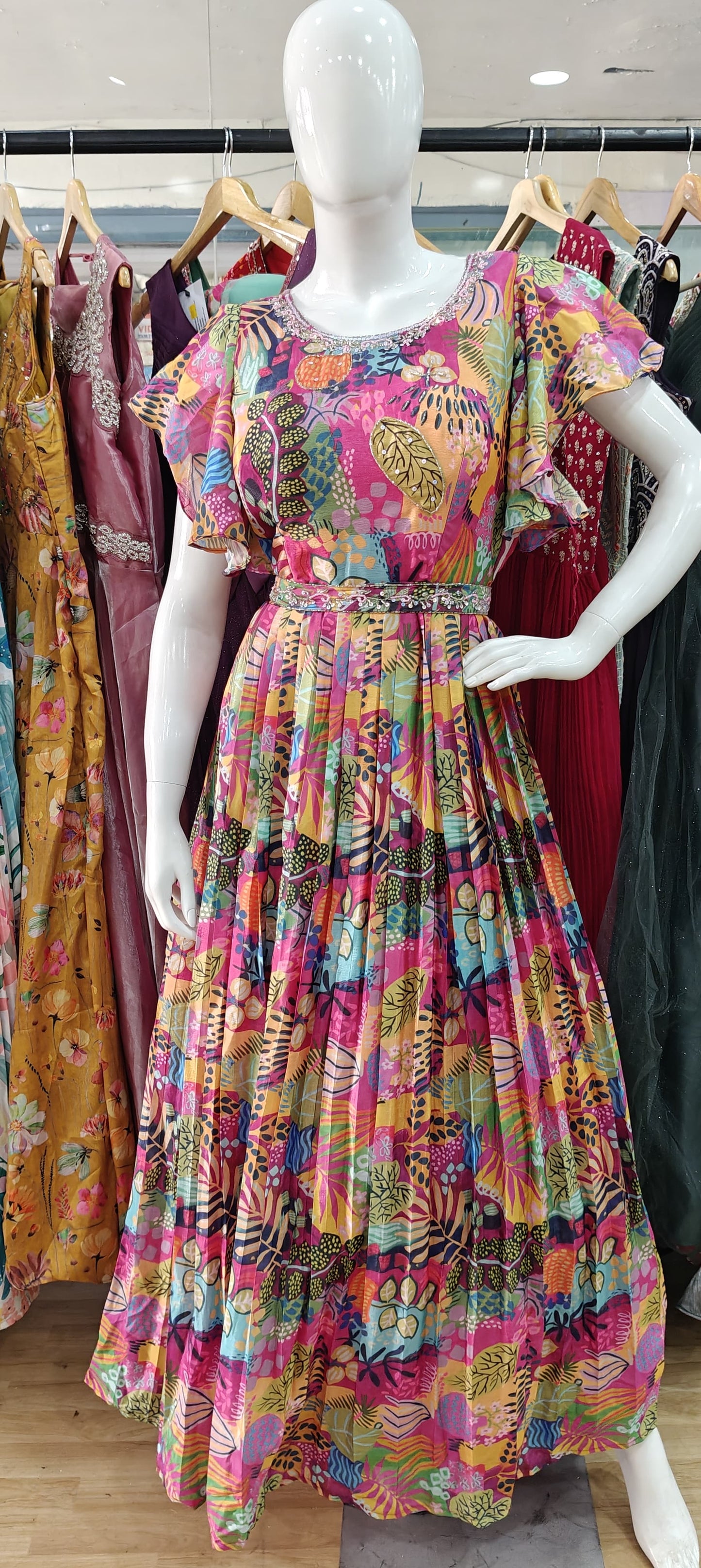 Printed gown with ruffle sleeves and belt