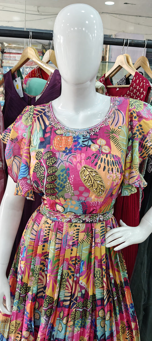 Printed gown with ruffle sleeves and belt