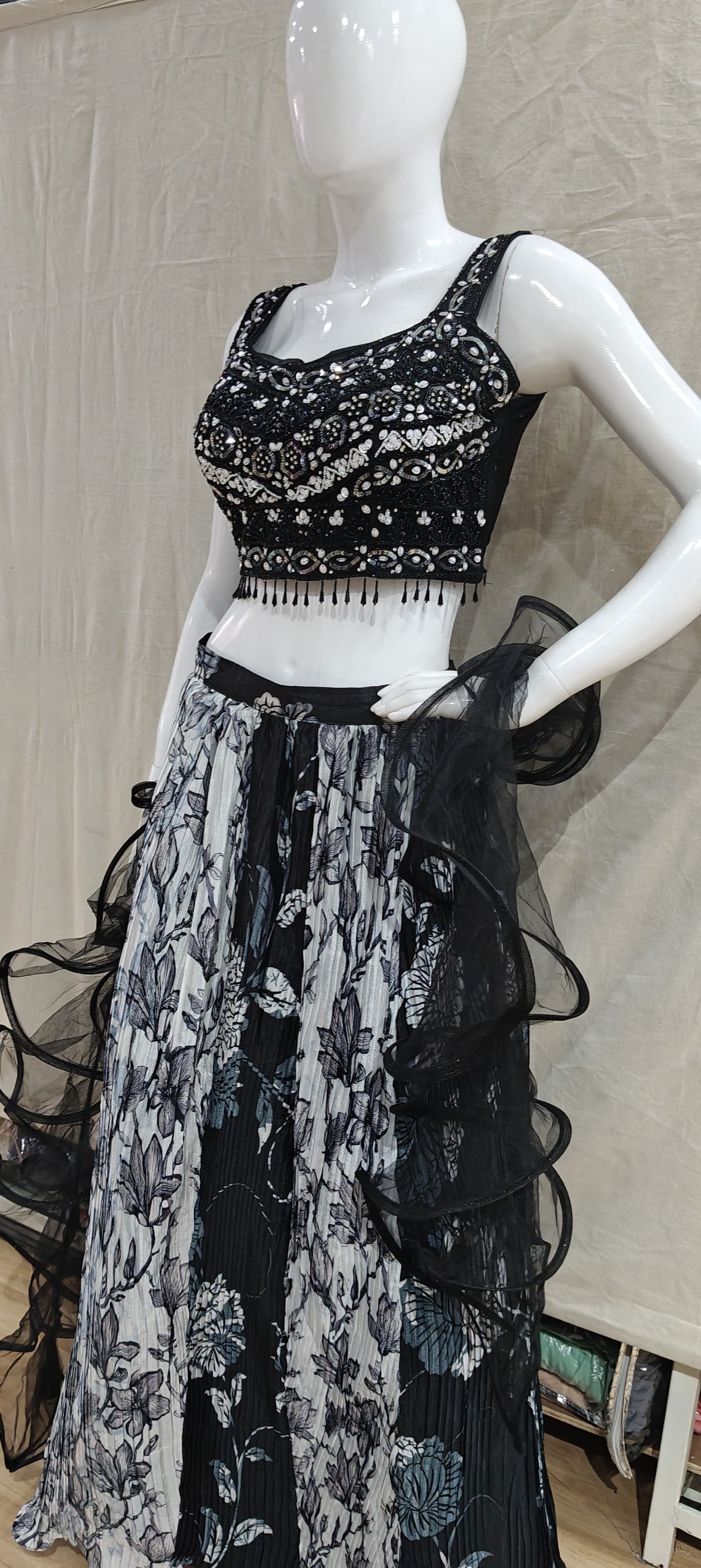 Black and white lehenga with ruffled dupatta