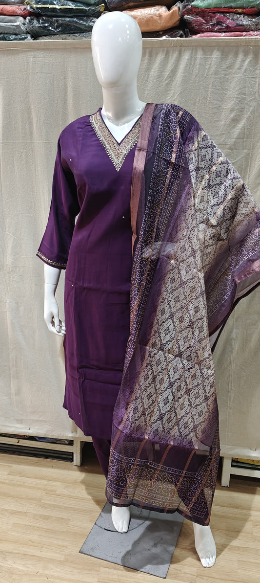 Purple plus size salwar with printed dupatta