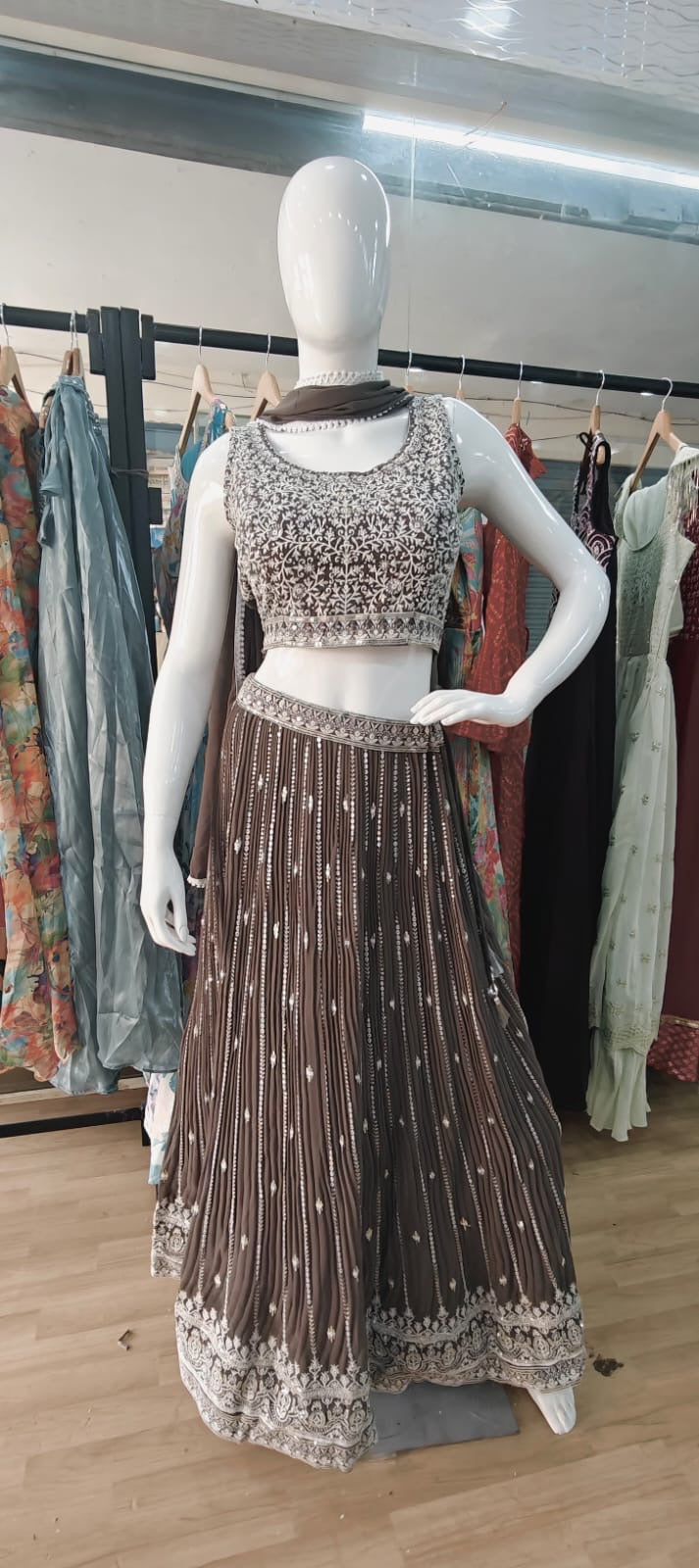 Georgette crush lehenga - chocolate brown