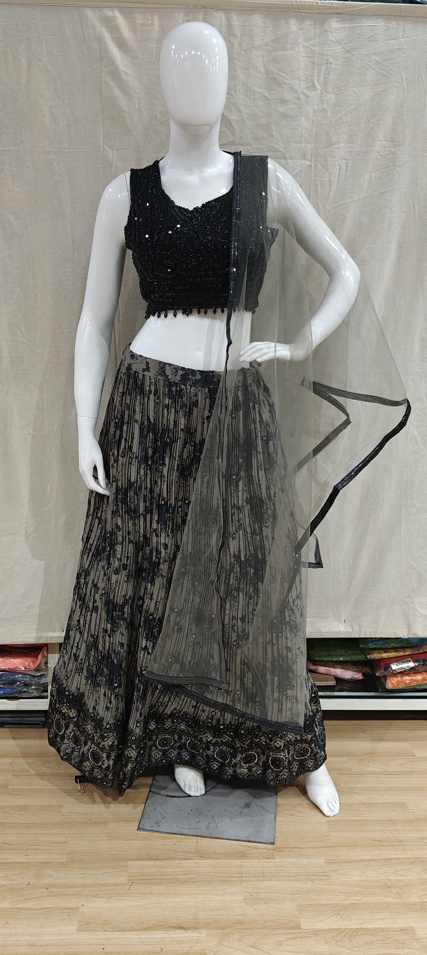 Black and grey lehenga with heavy beadwork blouse