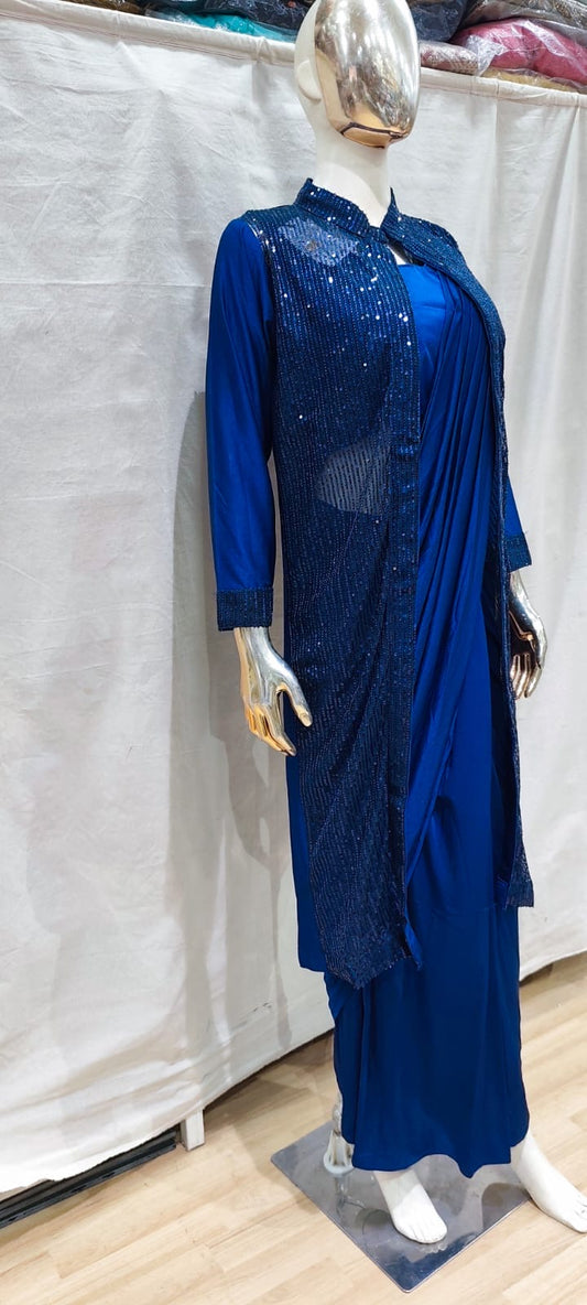 Blue sequins one min saree