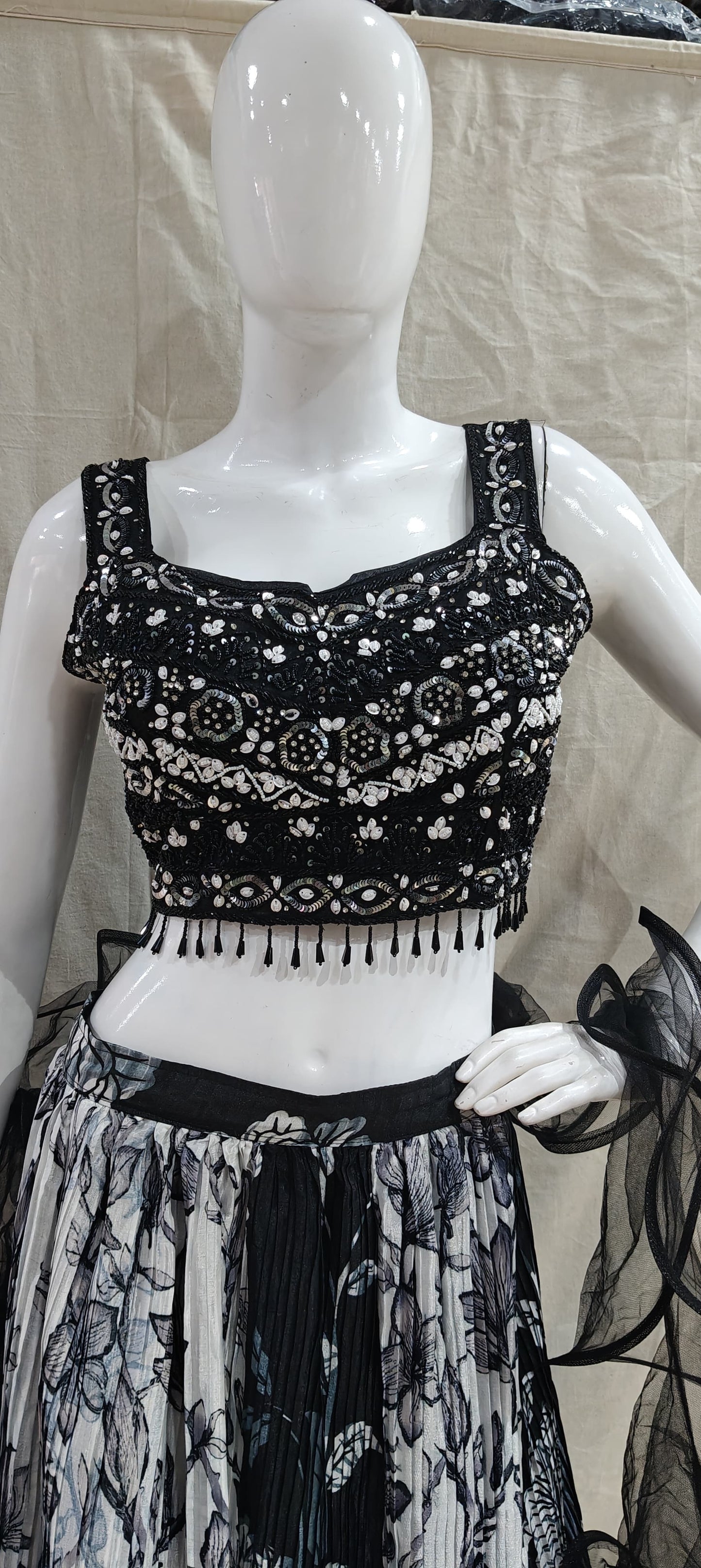 Black and white lehenga with ruffled dupatta