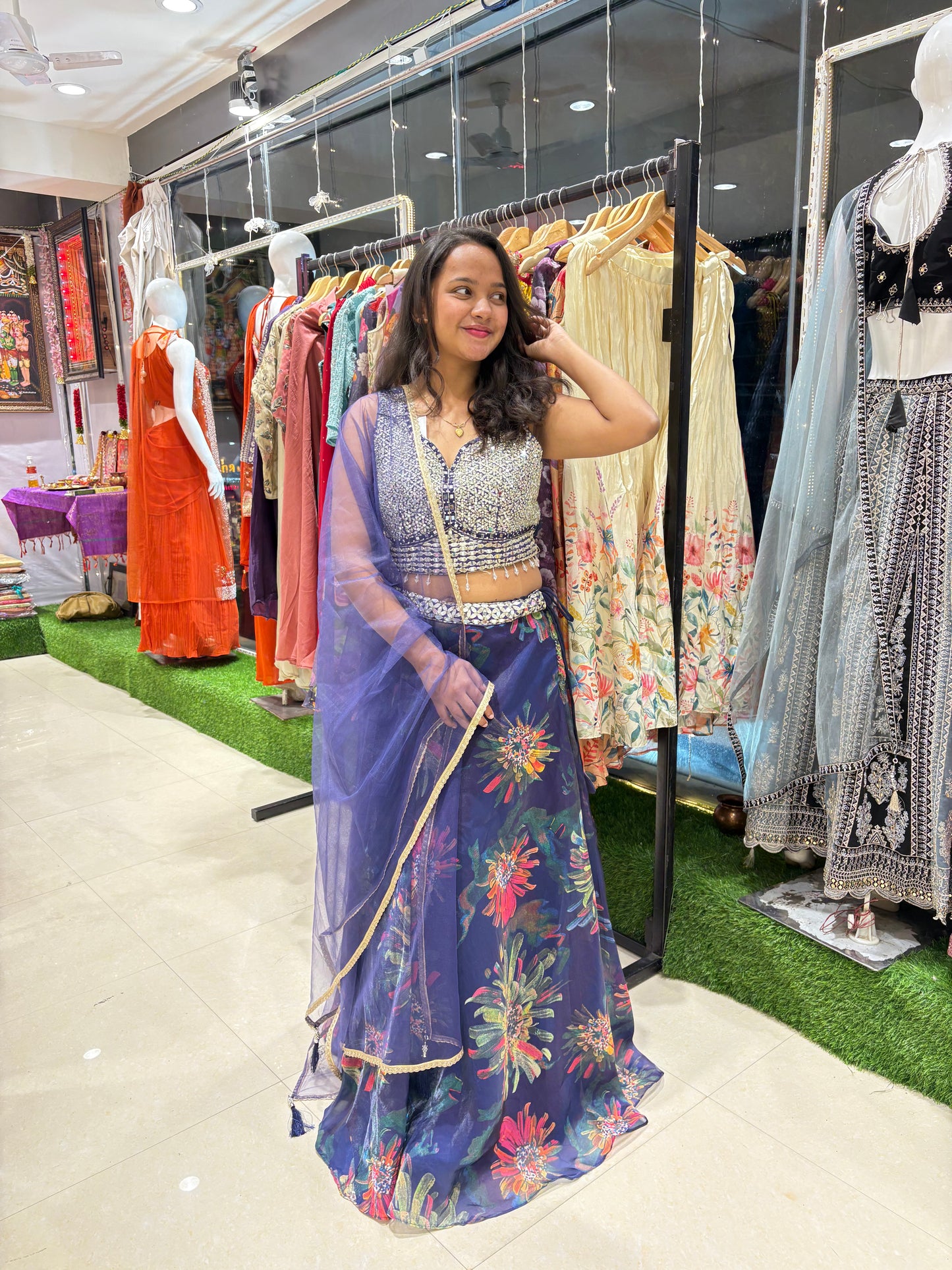 Floral blue lehenga, mirror work blouse