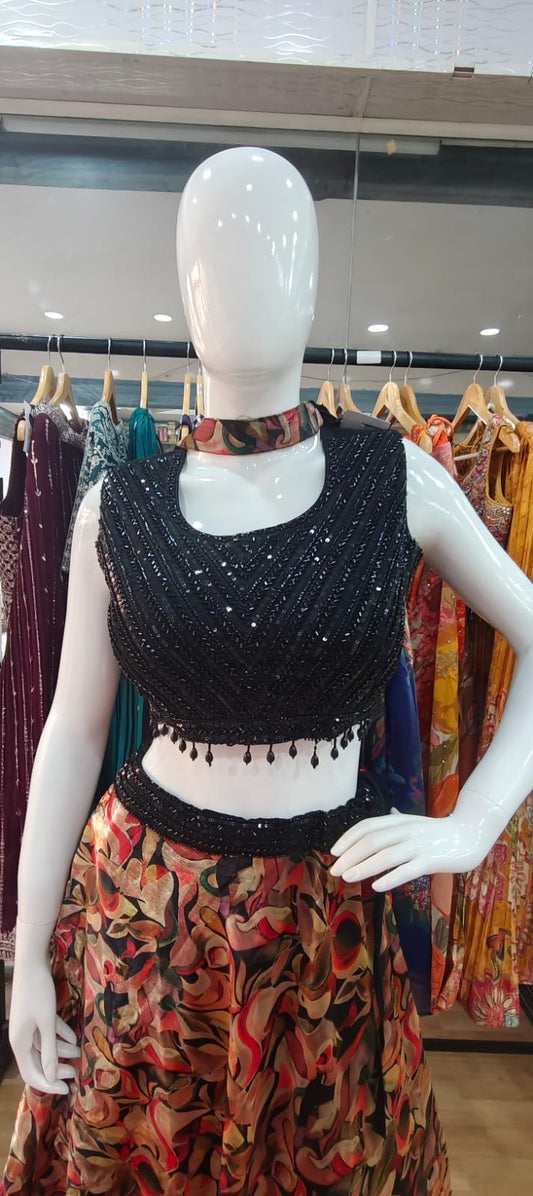 Printed lehenga with black blouse