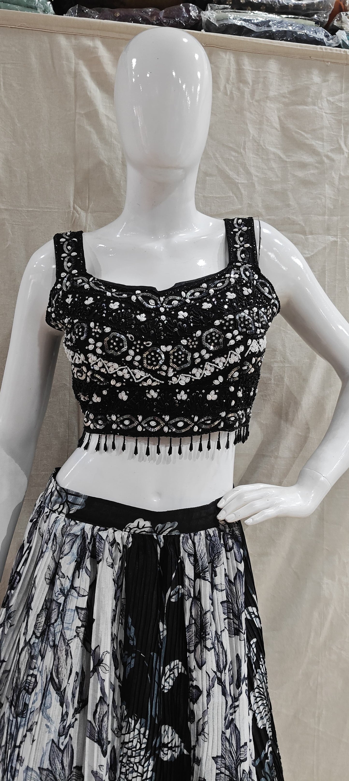 Black and white lehenga with ruffled dupatta