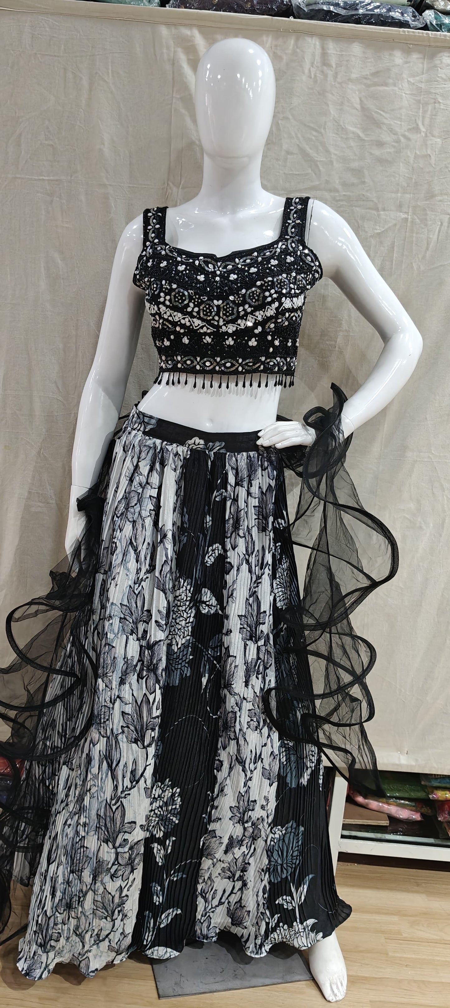 Black and white lehenga with ruffled dupatta