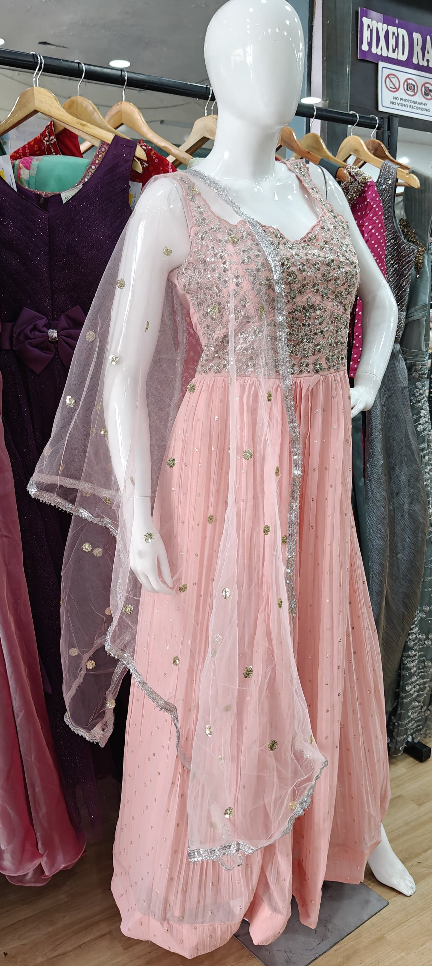 Peach georgette gown with embellished bodice