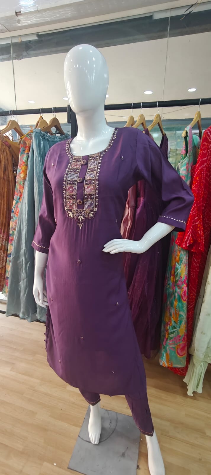 Violet suit with beautiful floral dupatta