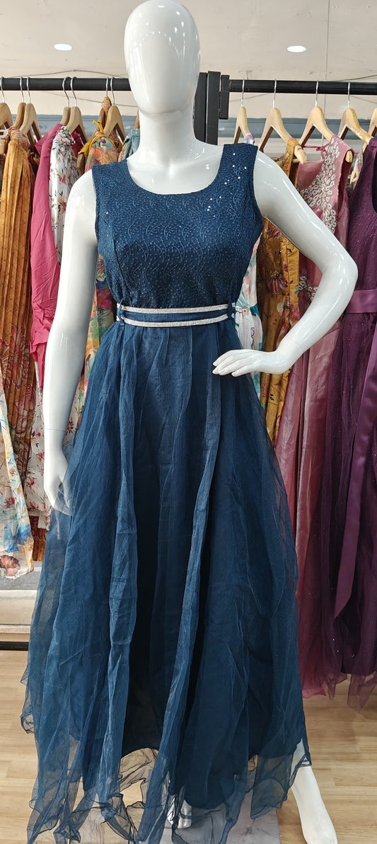 Blue net gown with stone studded belt