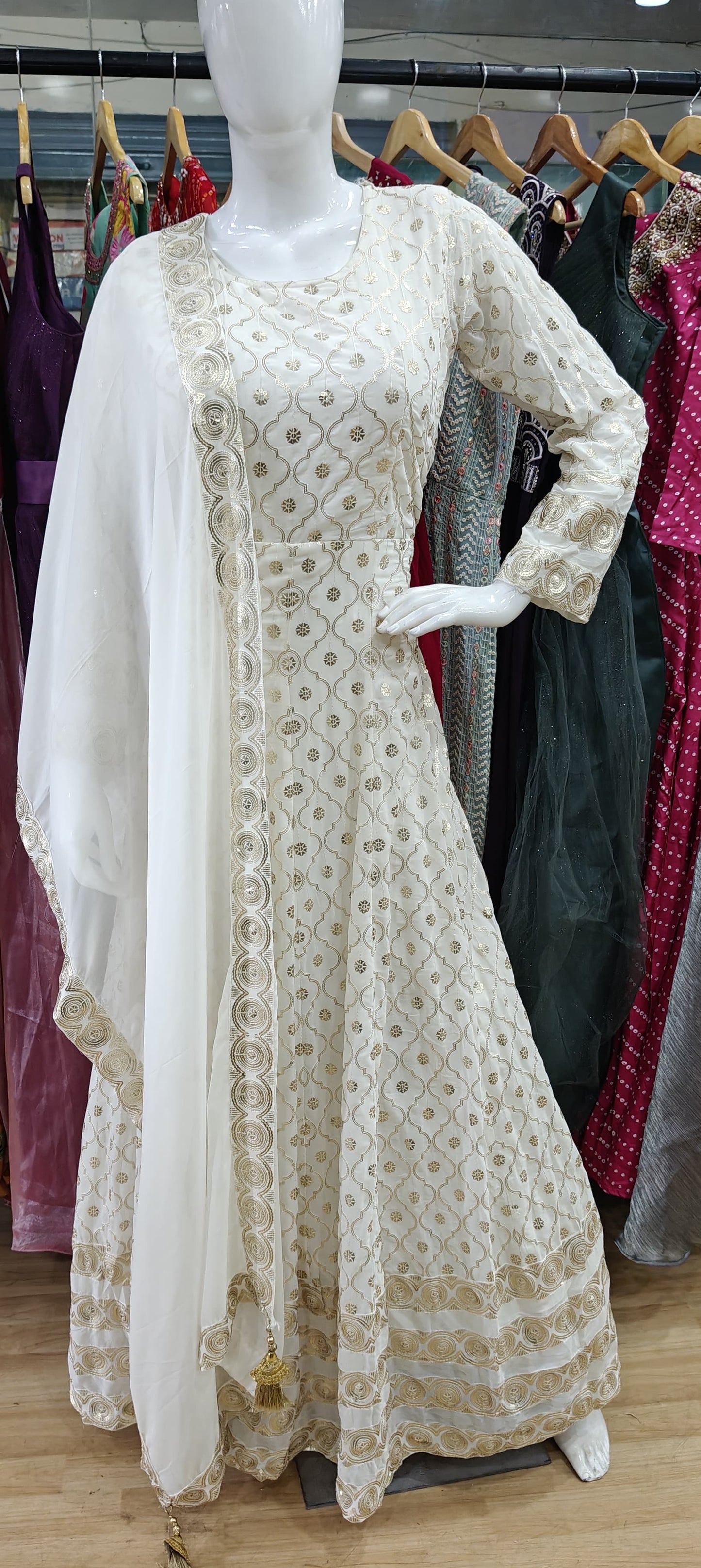 White and gold Anarkali long dress