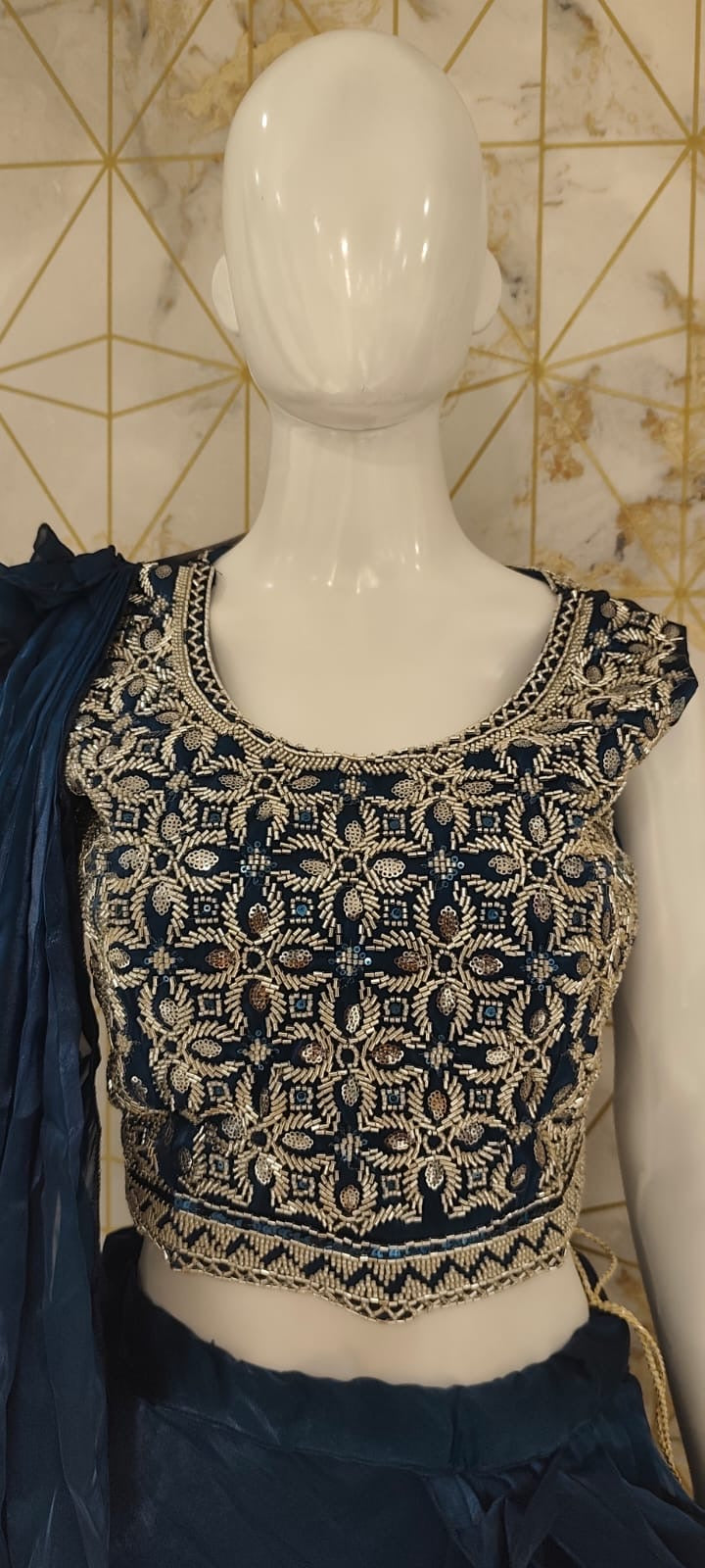 Tissue silk lehenga with attached drape