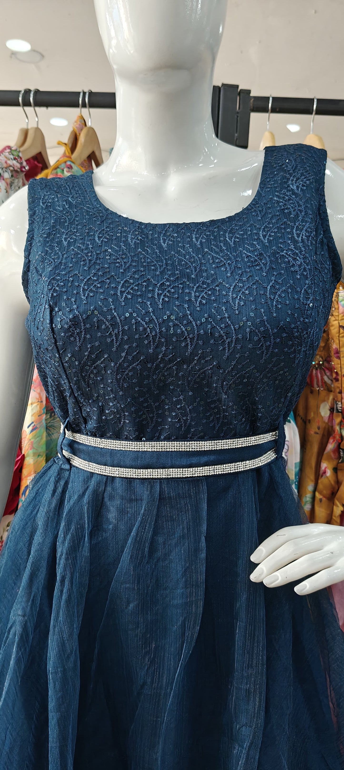 Blue net gown with stone studded belt