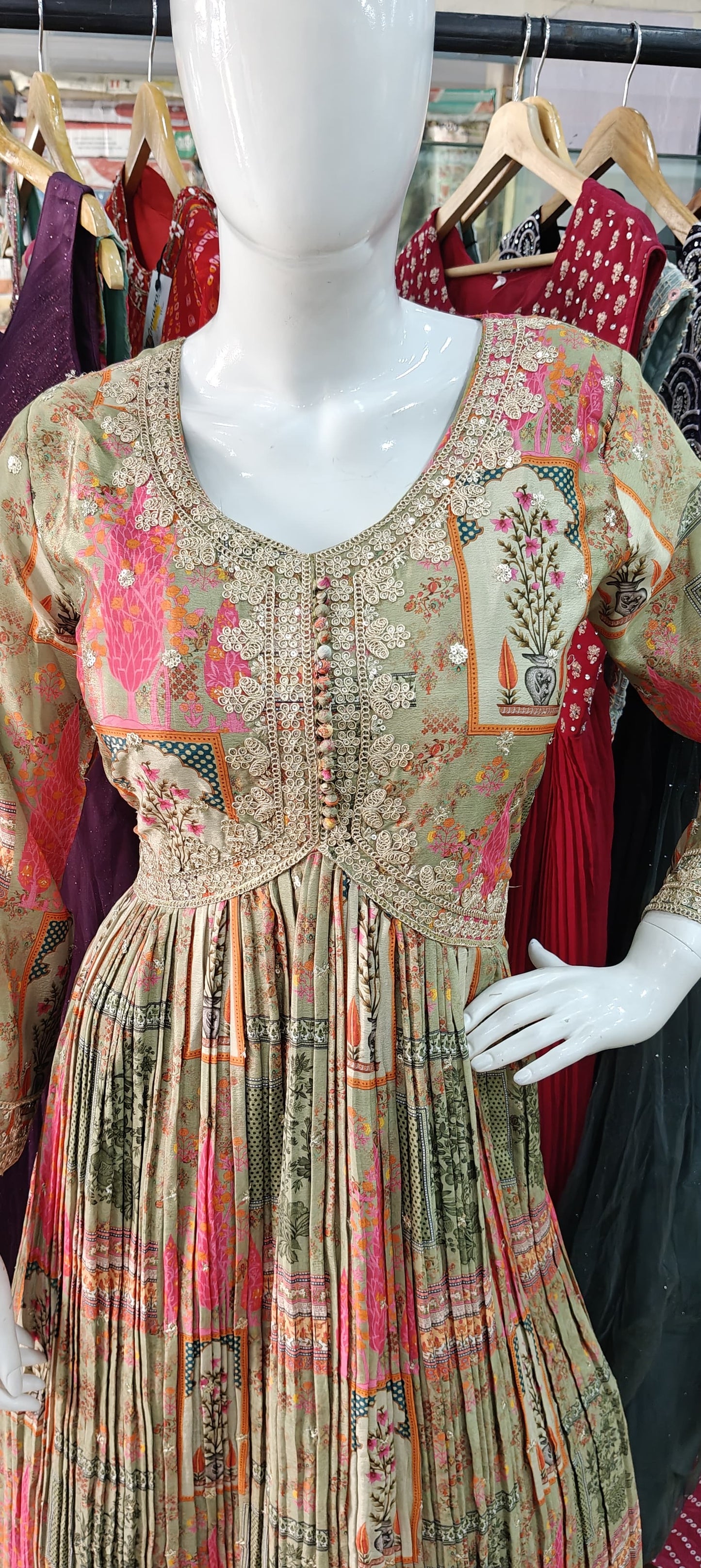 Printed alia cut long dress