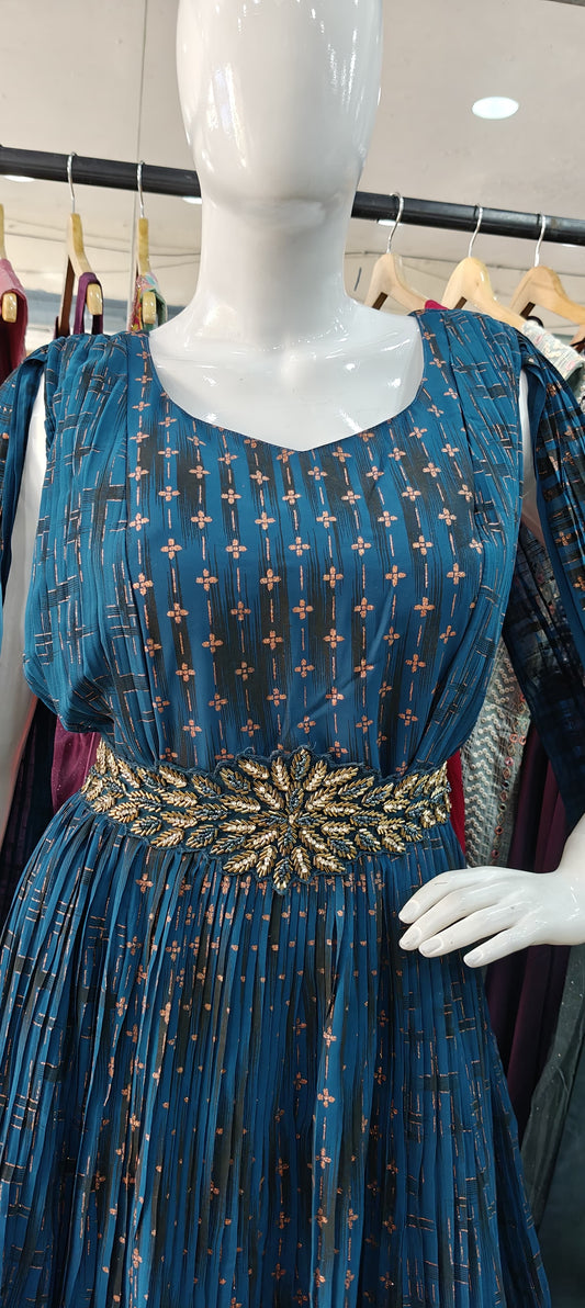 Designer Blue full sleeves gown with embellished belt