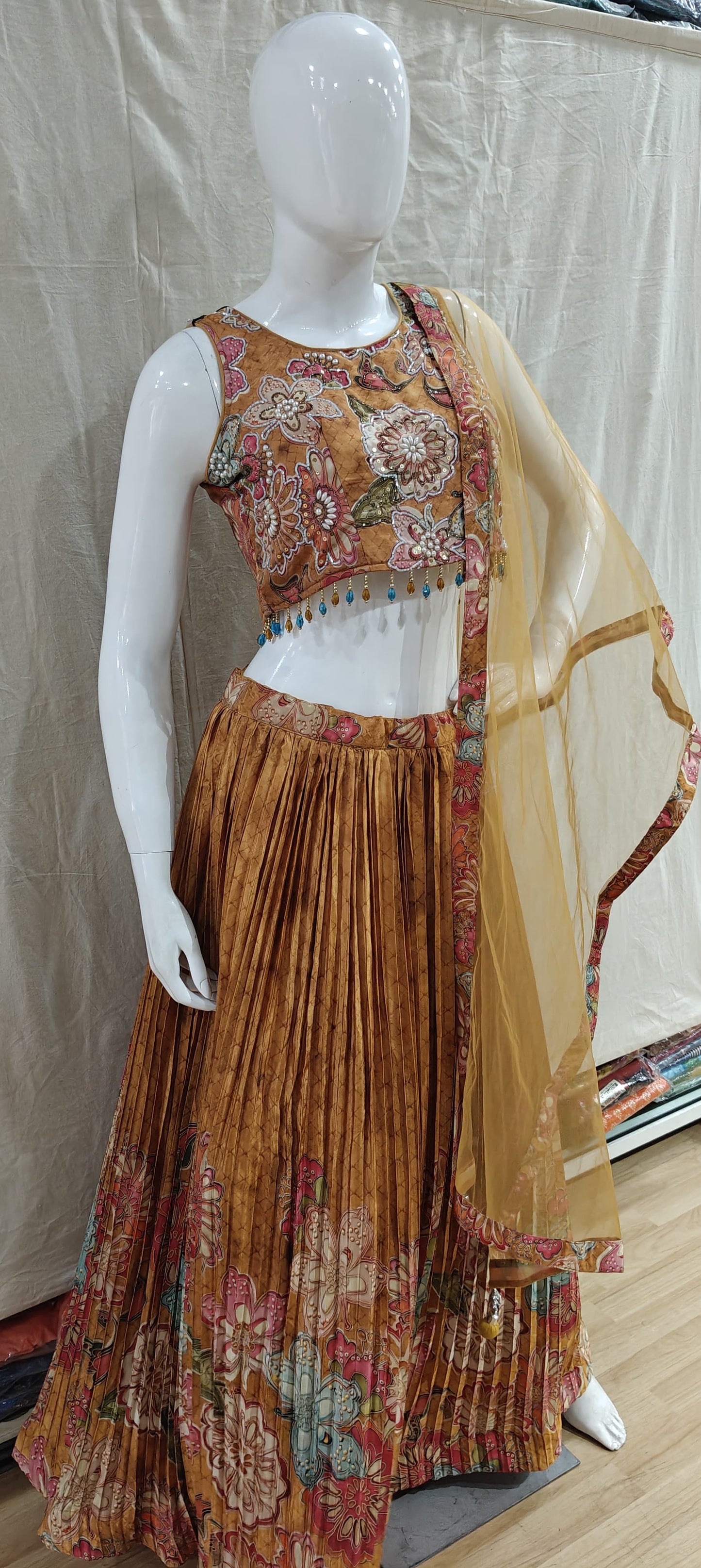 Yellow floral pleated lehenga