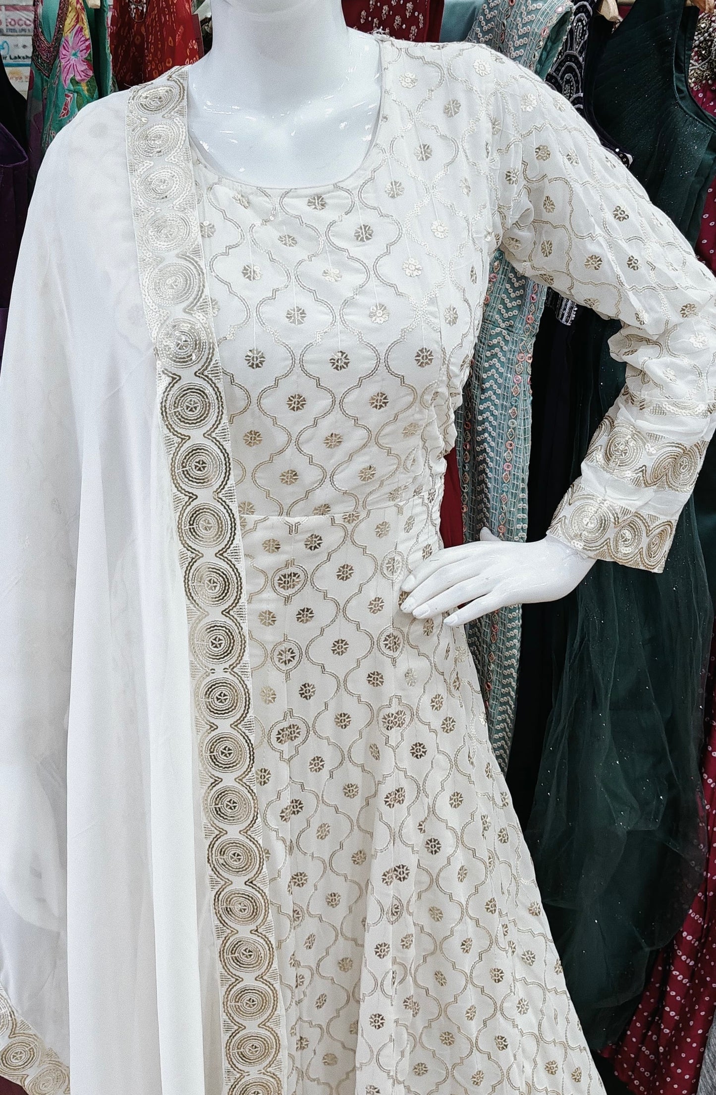 White and gold Anarkali long dress