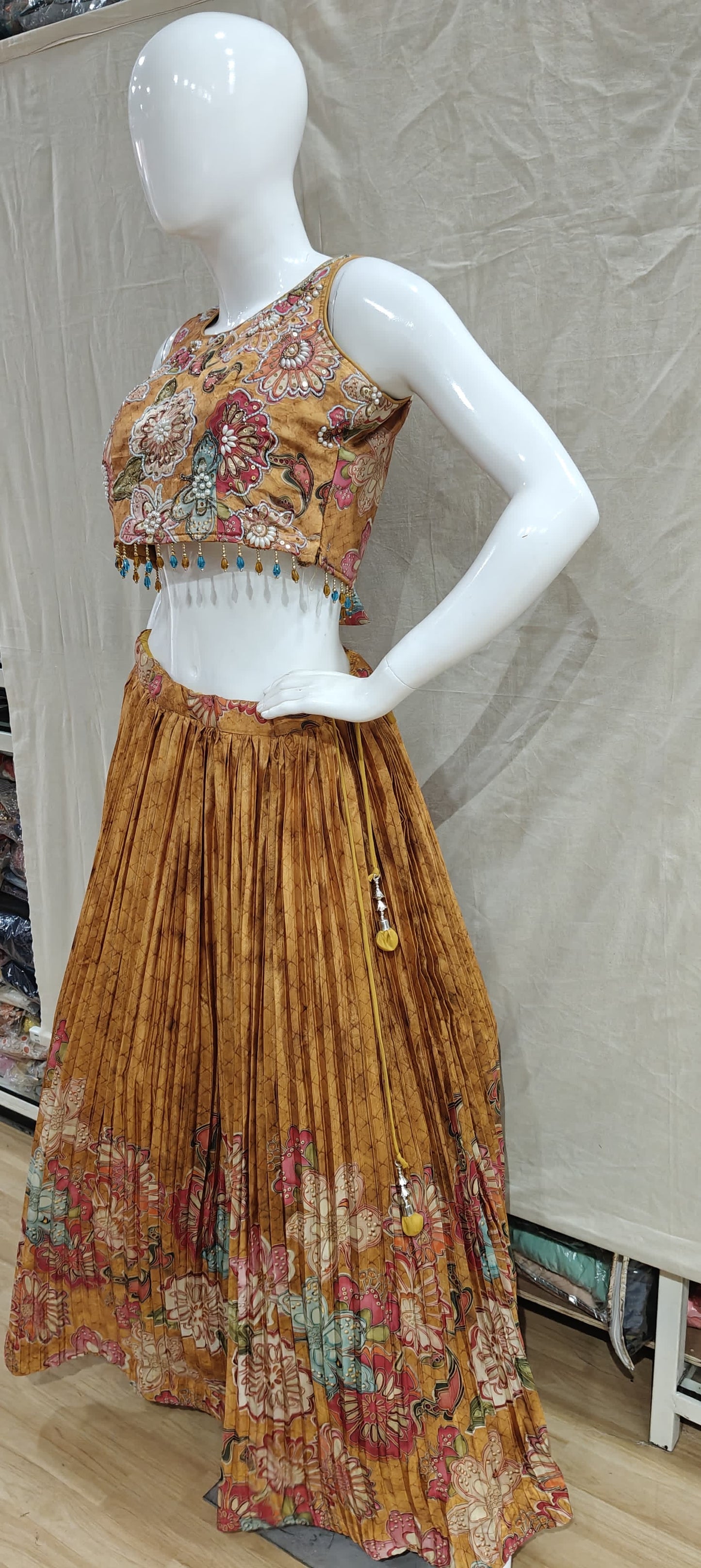 Yellow floral pleated lehenga