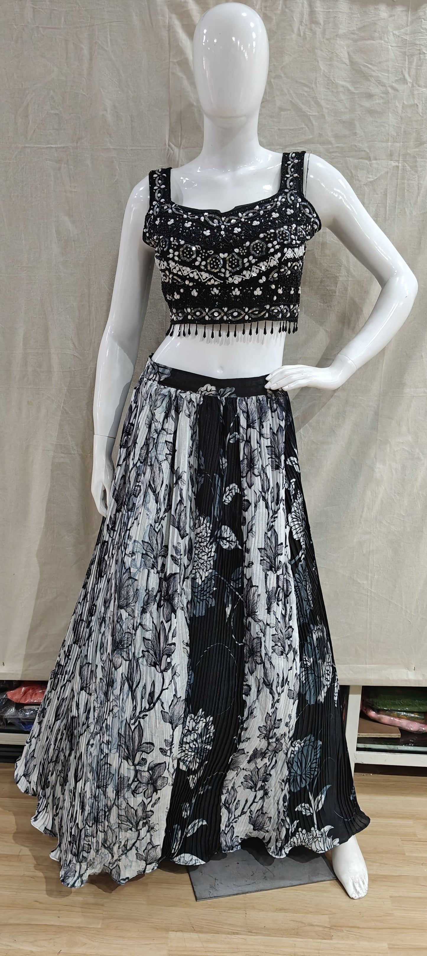 Black and white lehenga with ruffled dupatta