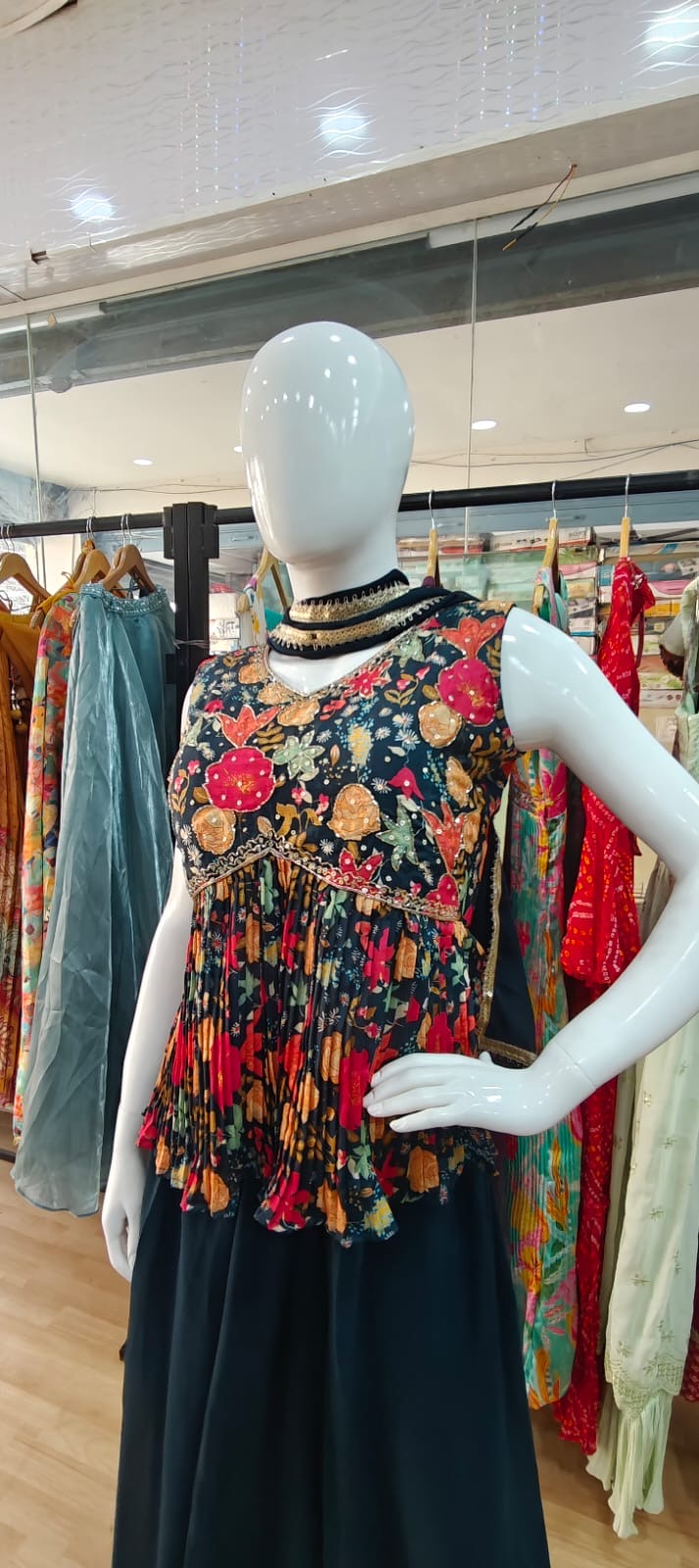 Blue floral crushed peplum set