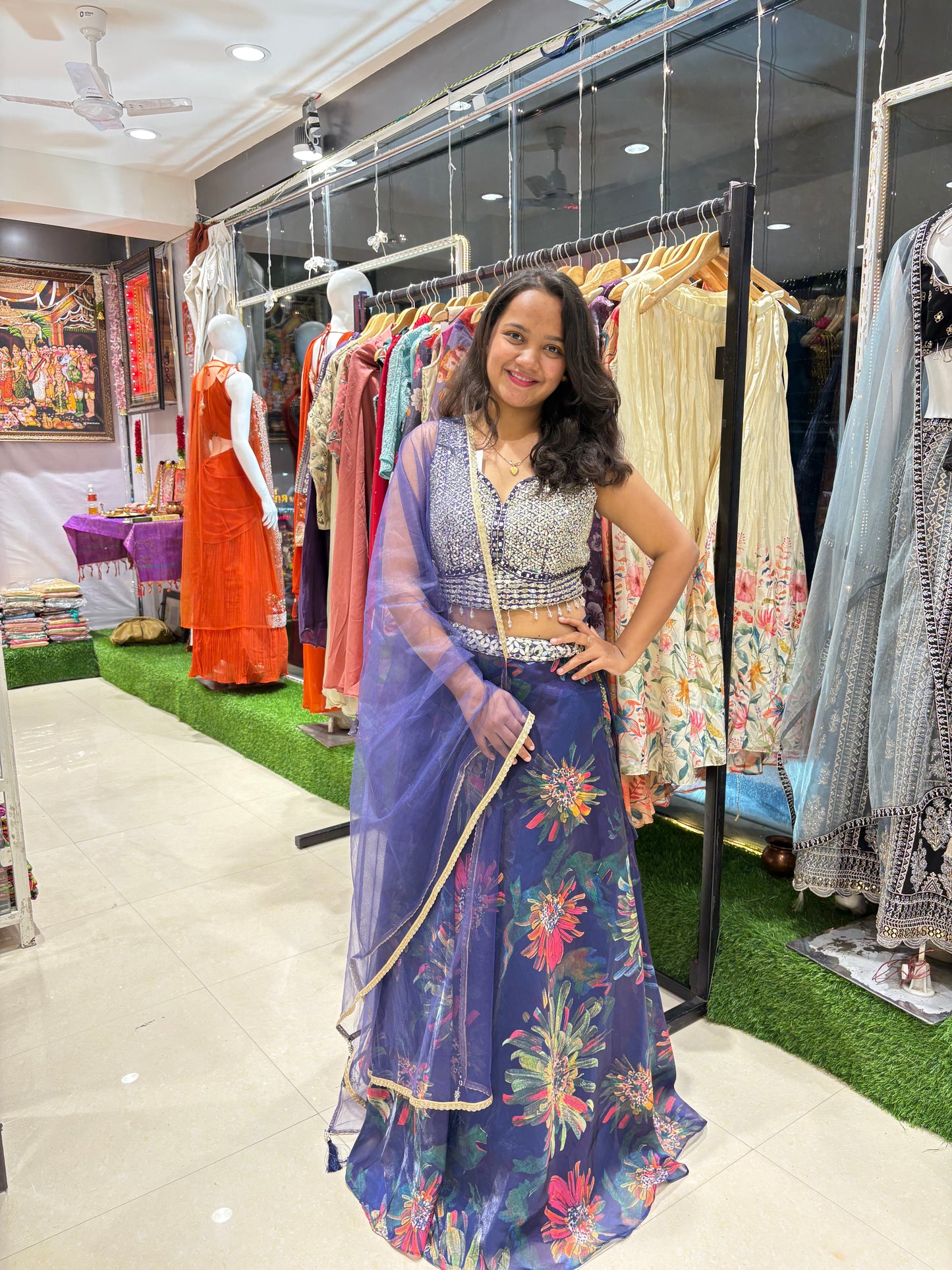 Floral blue lehenga, mirror work blouse