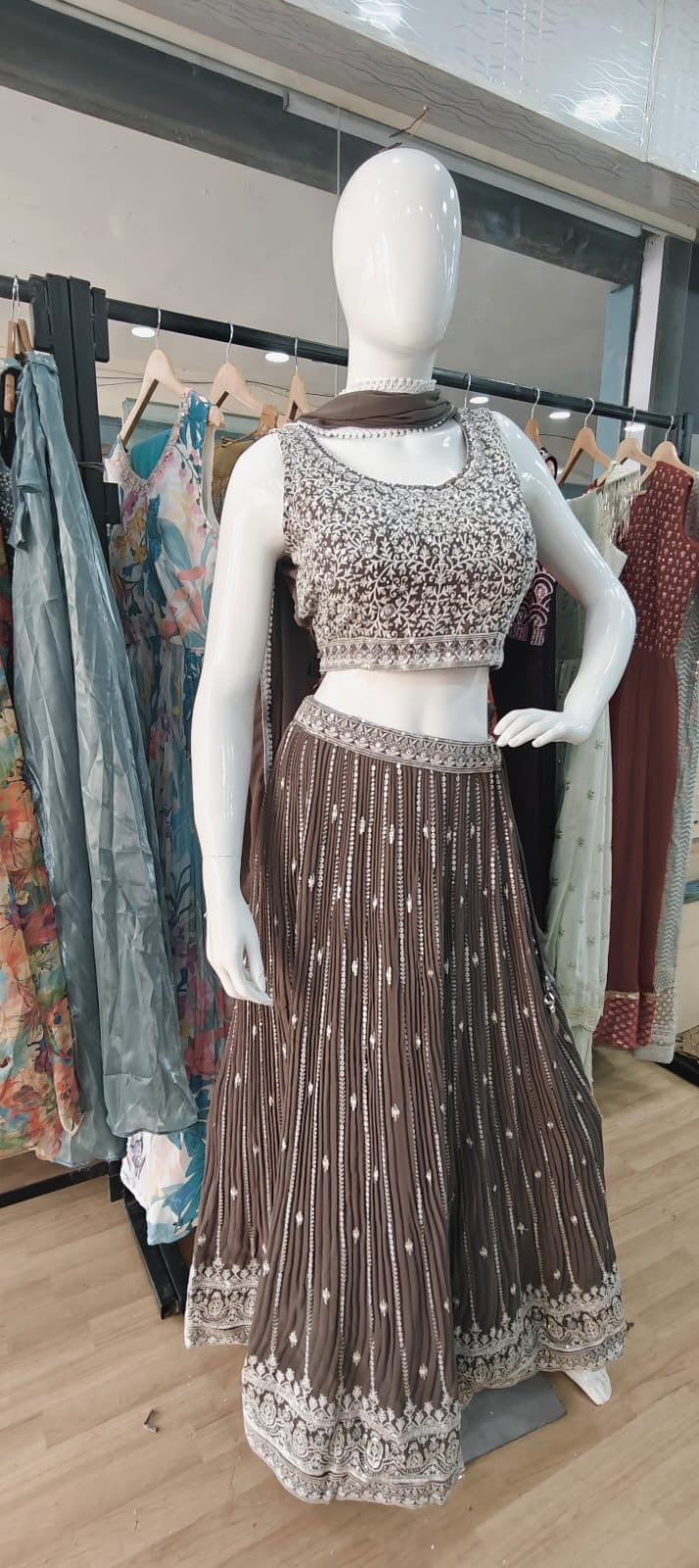 Georgette crush lehenga - chocolate brown