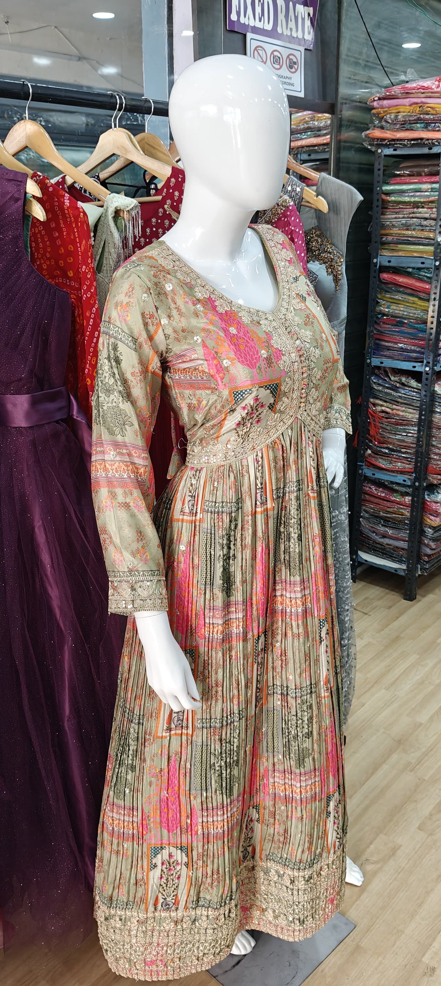 Printed alia cut long dress